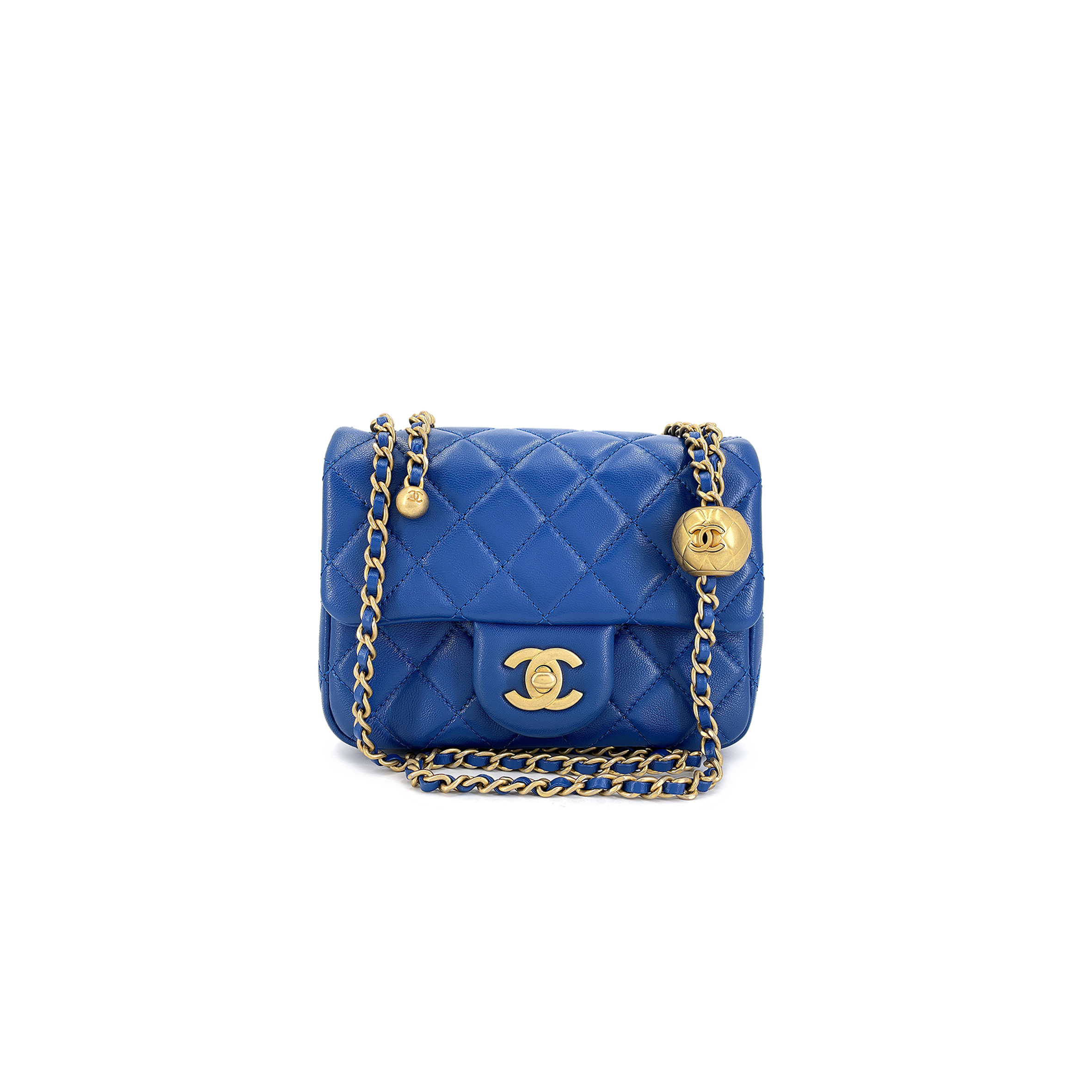 CHANEL BLUE QUILTED LAMBSKIN PEARL CRUSH SQUARE MINI FLAP BAG AGED GOLD HARDWARE AS1786 (18*13*7cm)